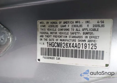 2004 Honda Accord 3.0 Ex from USA, damaged, VIN 1HGCM826X4A019125